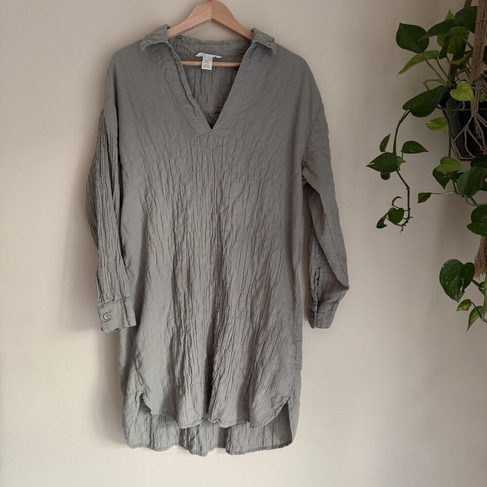 Zara Gray/Green Crinkle Cotton Midi Shirt Dress – V-Neck, Long Sleeve, Size M